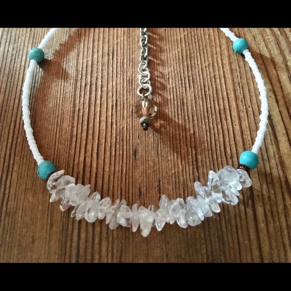 Crystal Nugget Beaded Ladies Necklace, White and Blue, Handmade Ladies N… - Picture 3 of 6